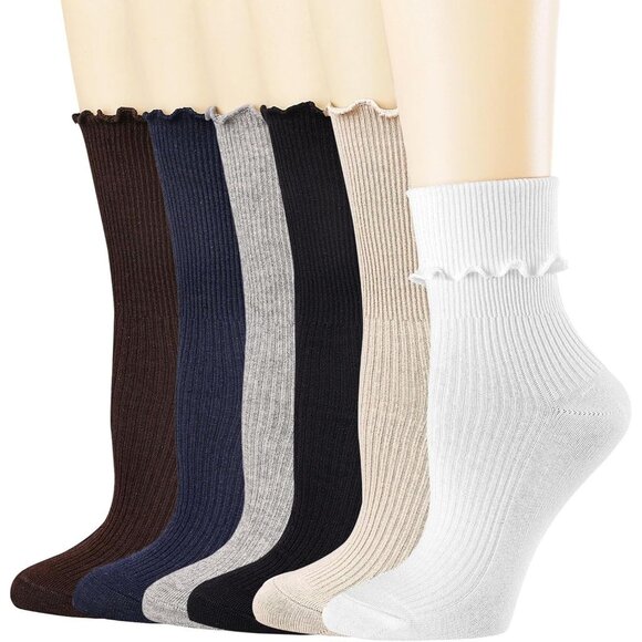 Multicolor Ruffle Socks Women 6 Pairs Cute Frilly Cotton Knit Casual Crew Socks - Picture 1 of 7